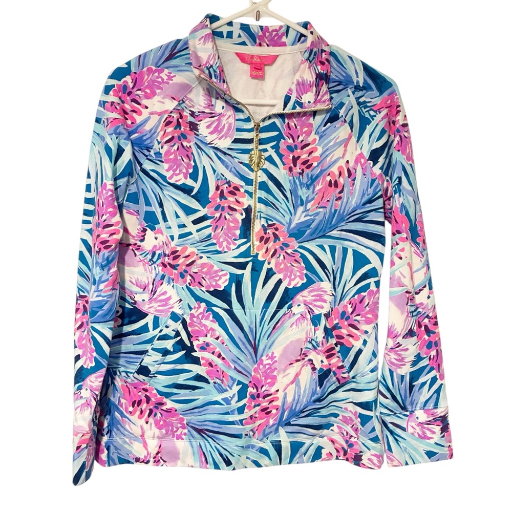 LILLY PULITZER Size XS Pink Blue Skipper Popover Half Zip Palms Birds